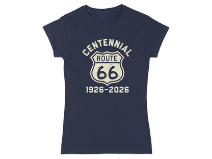 Navy t-shirt with "Centennial Route 66 1926-2026" in a shield graphic.