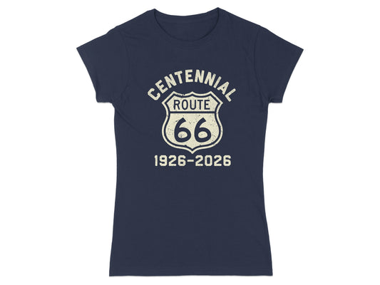 Navy t-shirt with "Centennial Route 66 1926-2026" in a shield graphic.