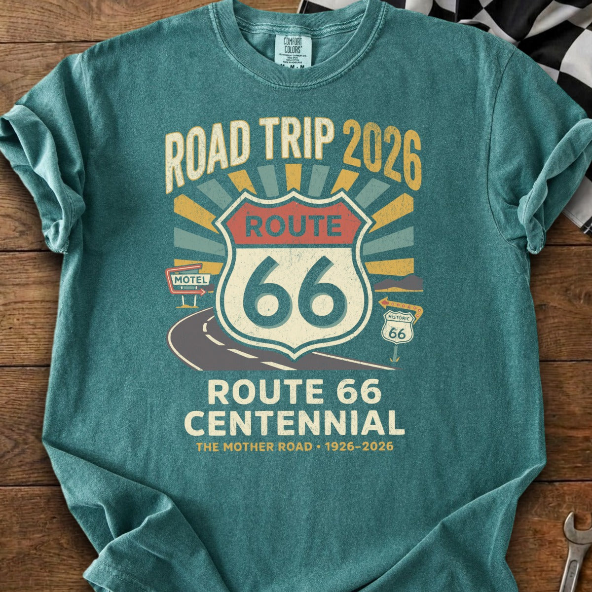 Route 66 Centennial Road Trip 2026 shirt featuring historic Route 66 signage.
