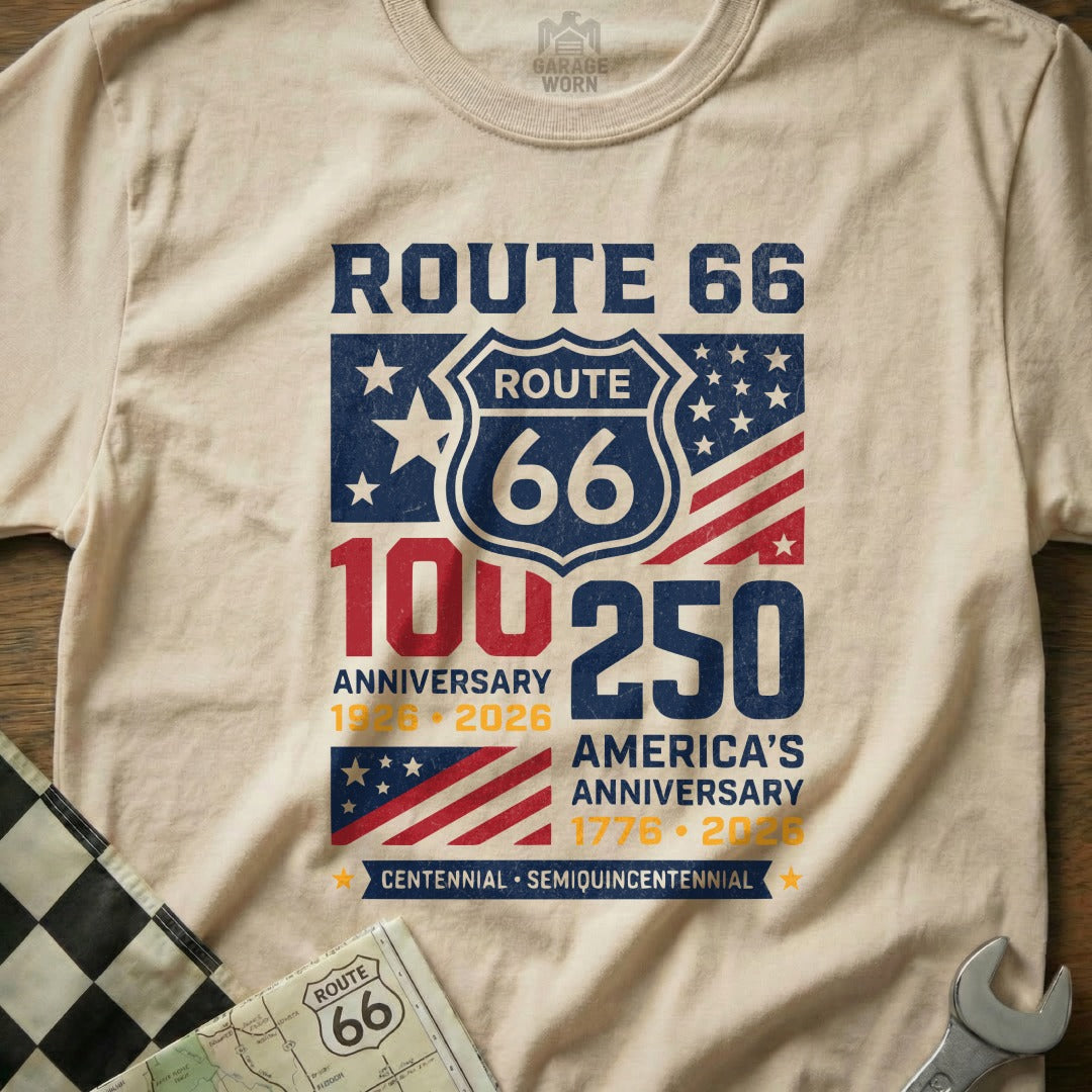 Route 66 Centennial and America's Semiquincentennial graphic t-shirt.
