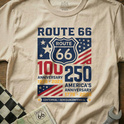 Route 66 Centennial and America's Semiquincentennial graphic t-shirt.