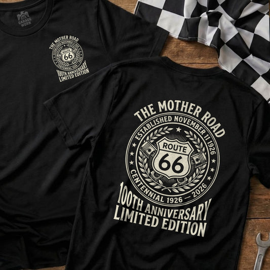 Black t-shirt with Route 66 Centennial 1926-2026 100th Anniversary Limited Edition design.