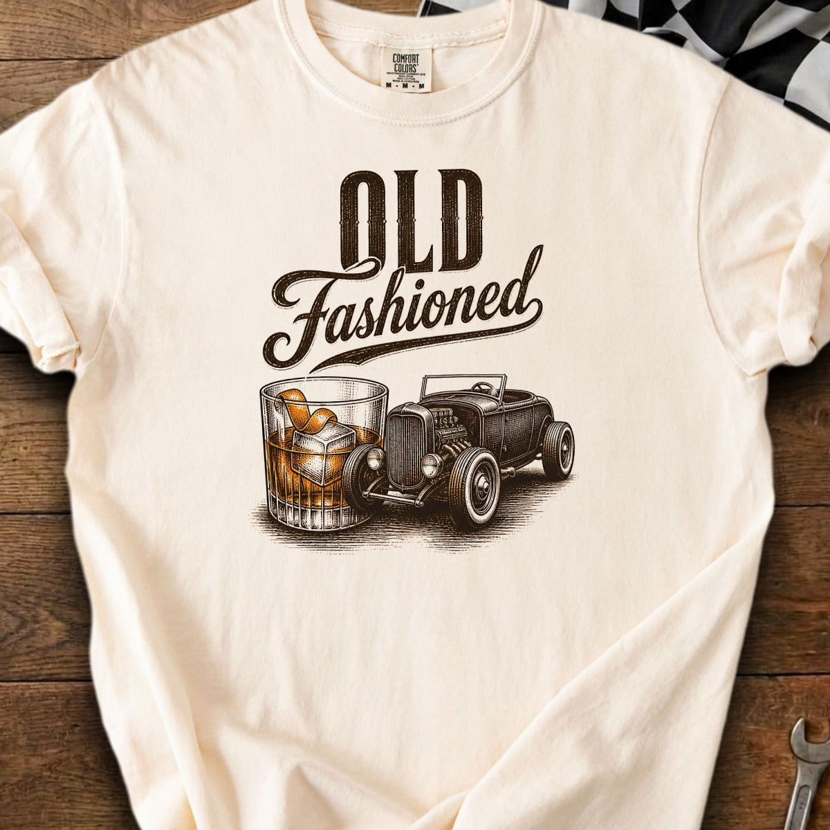 Old Fashioned text with whiskey glass and hot rod car graphic.