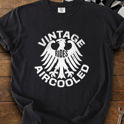 Black t-shirt with white distressed graphic "Vintage Rides Aircooled" and eagle crest.