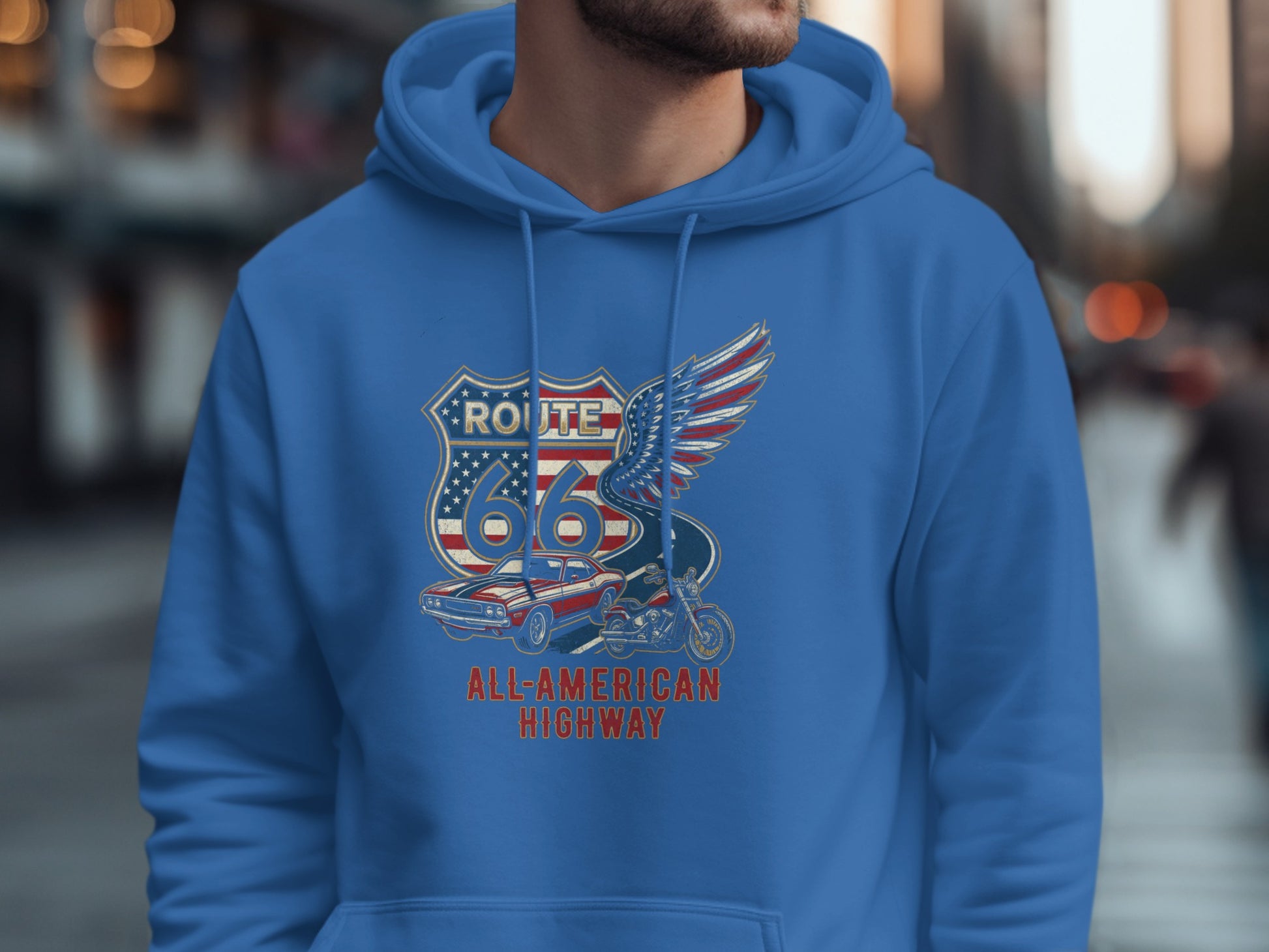 Blue hoodie with Route 66 All-American Highway graphic and motorcycle.
