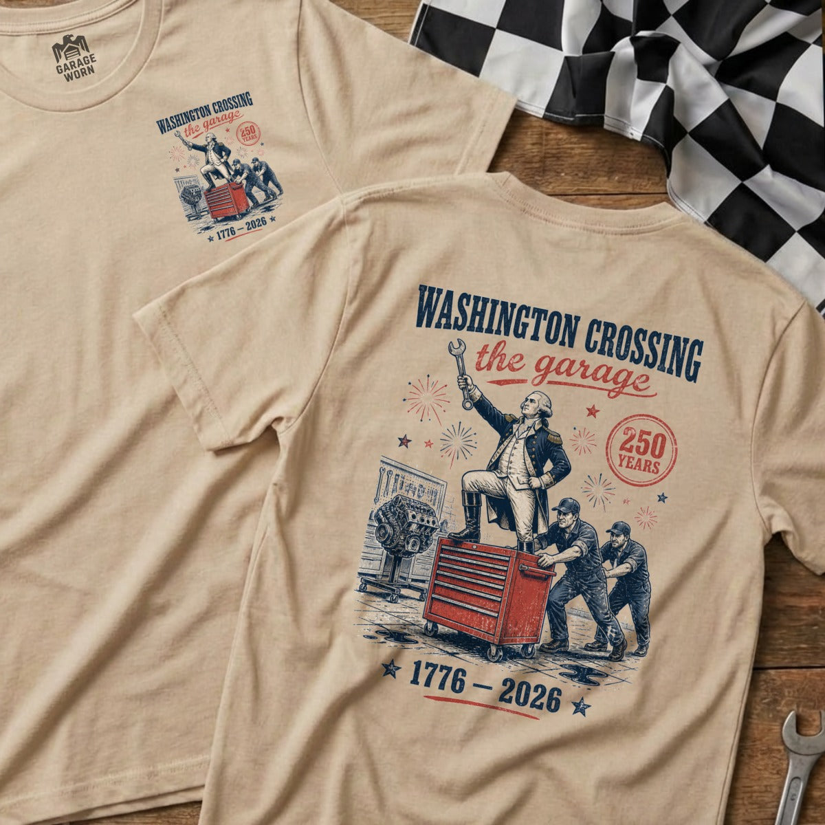 T-shirt with "Washington Crossing the Garage" graphic, featuring George Washington and mechanics.