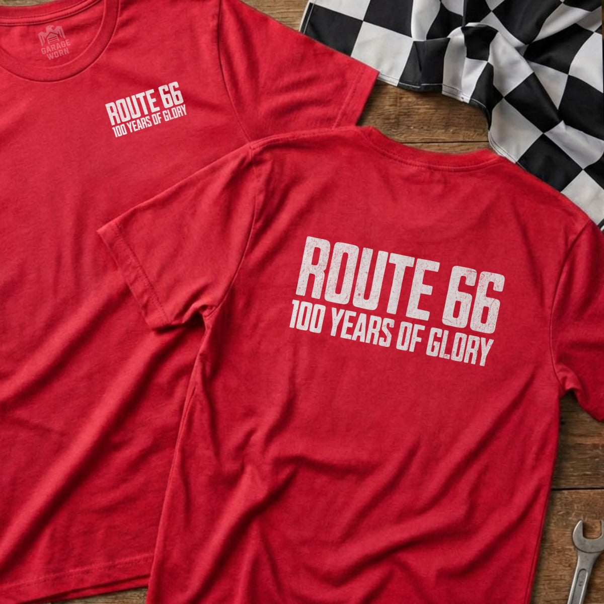 Two red t-shirts with "Route 66 100 Years of Glory" on the back.