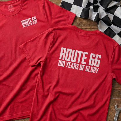 Two red t-shirts with "Route 66 100 Years of Glory" on the back.