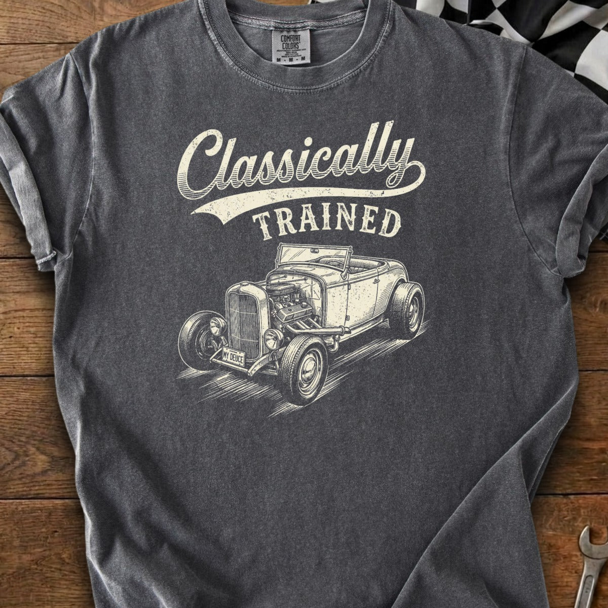 T-shirt with "Classically TRAINED" text above a drawing of a classic hot rod car.