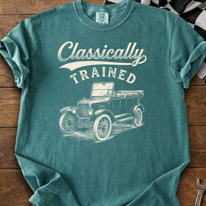 Teal t-shirt with "Classically TRAINED" text and vintage car graphic.