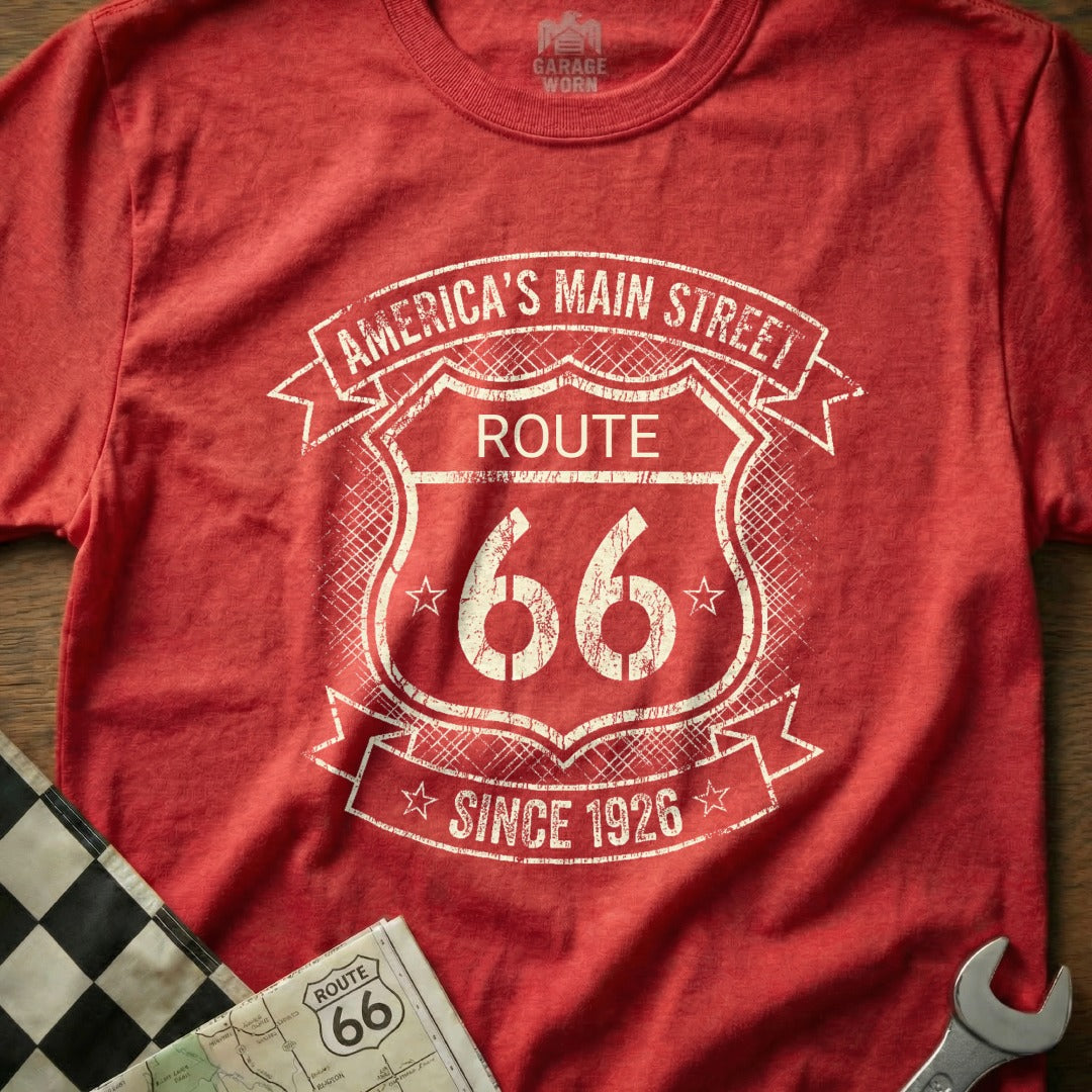 Red t-shirt with Route 66 "America's Main Street Since 1926" graphic.