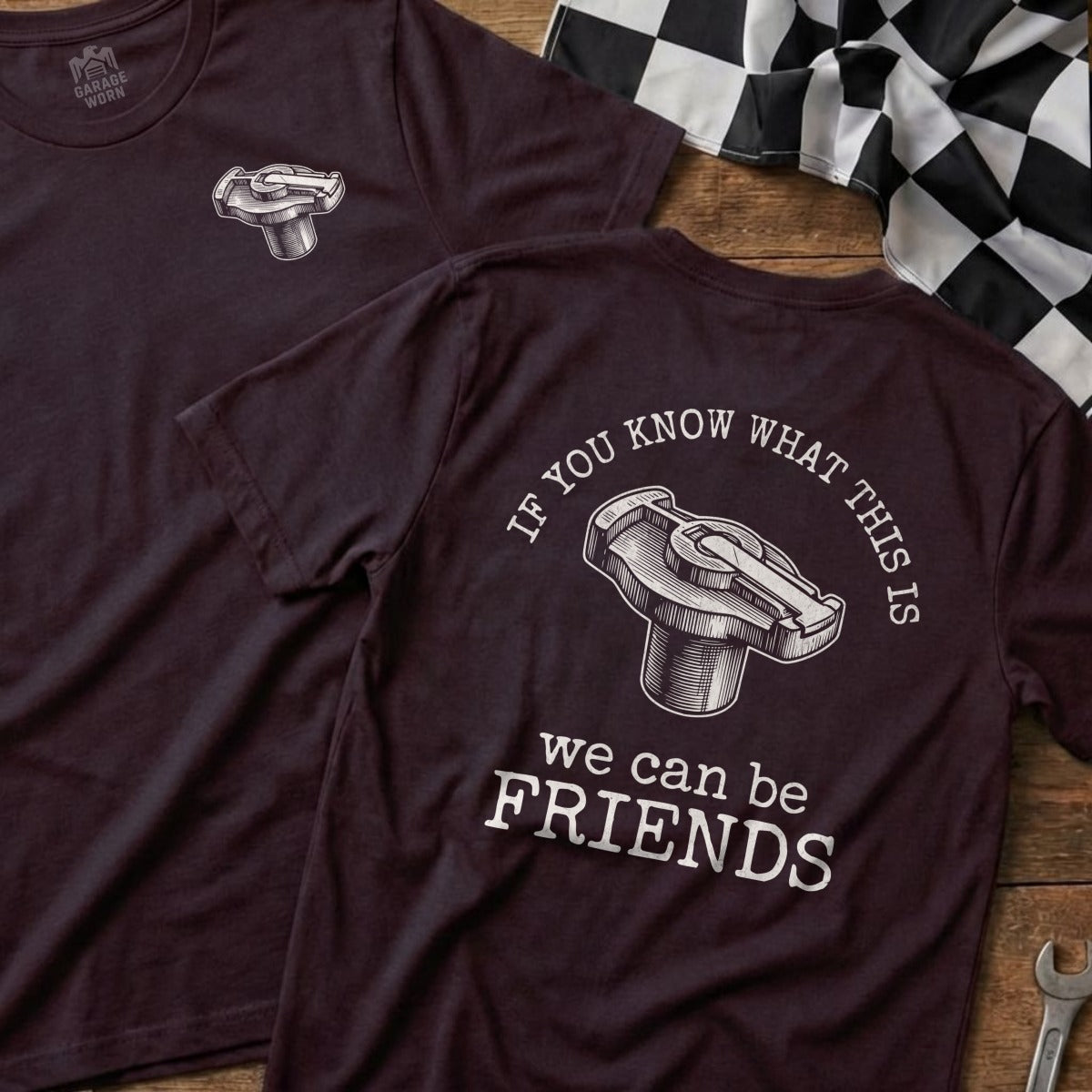 Two maroon t-shirts with ignition coil graphic and text "IF YOU KNOW WHAT THIS IS we can be FRIENDS".