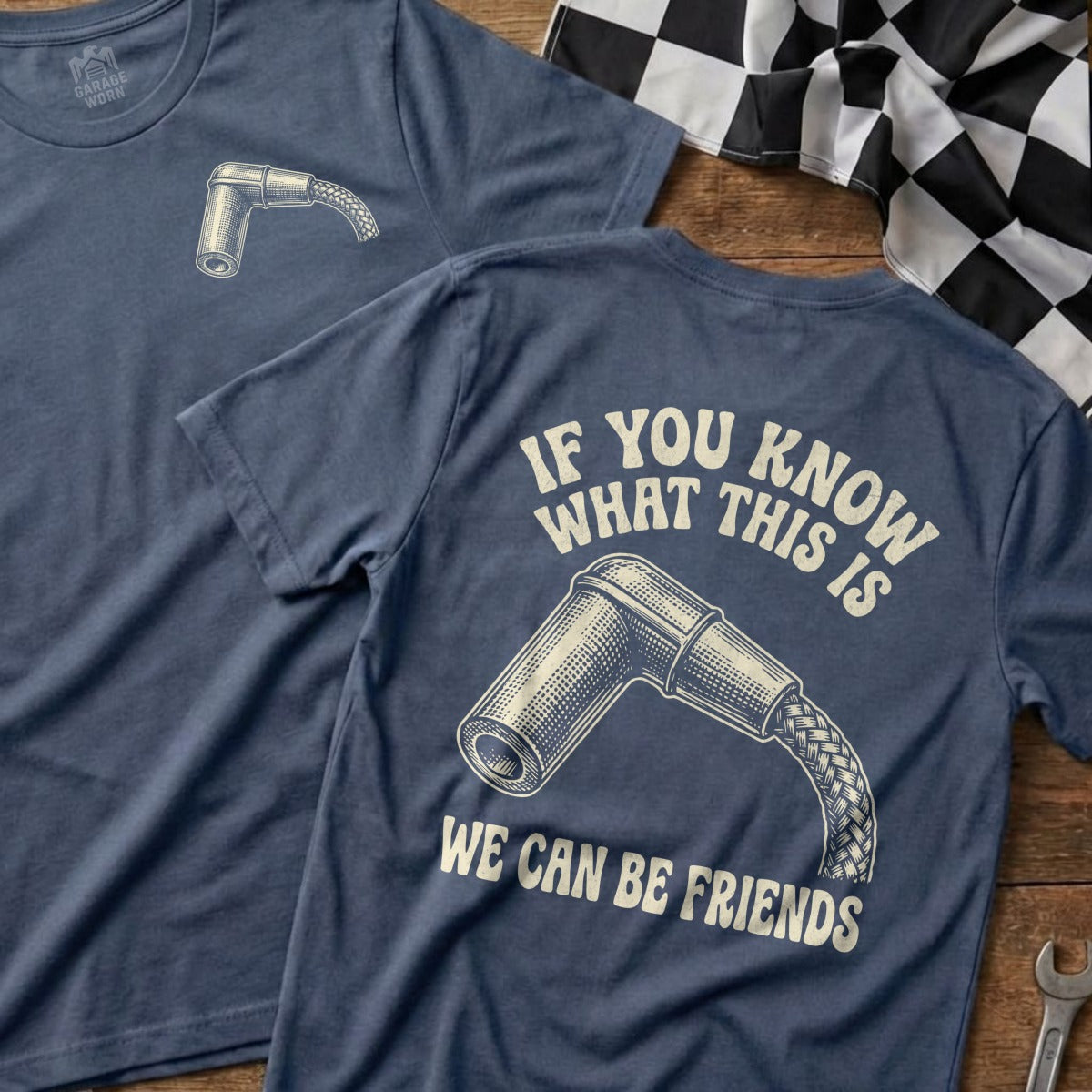 Navy t-shirts featuring a spark plug graphic and "If You Know What This Is We Can Be Friends" text.