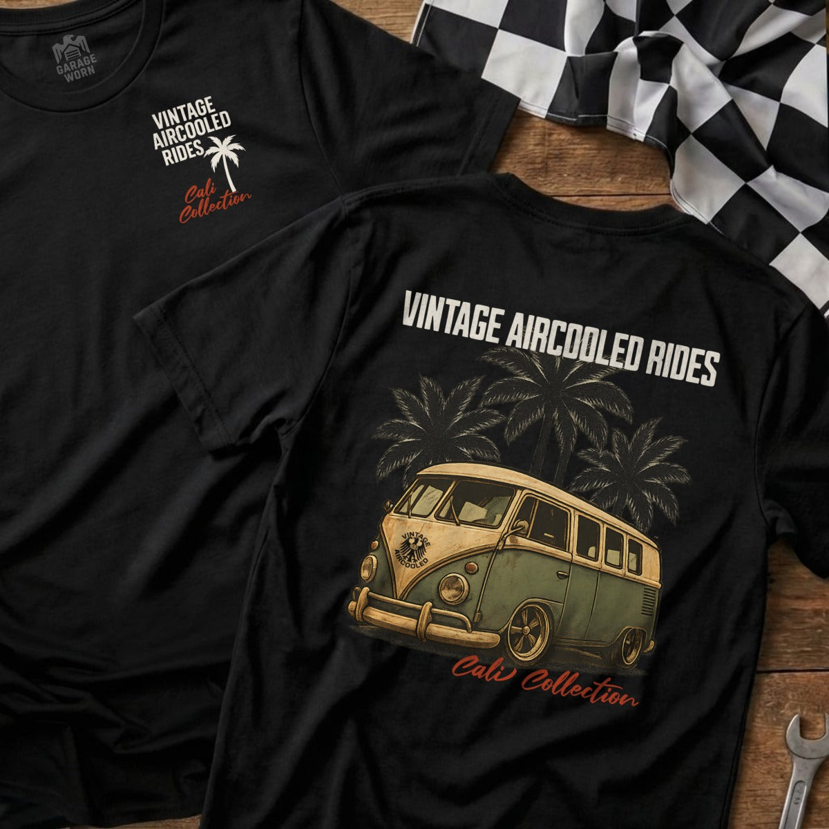 Black t-shirt with "Vintage Aircooled Rides" and palm trees above a VW van.