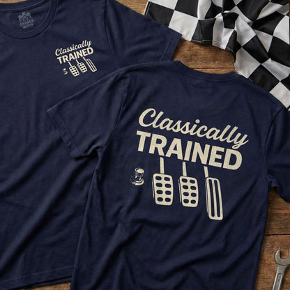 Navy t-shirt with "Classically TRAINED" and pedal graphic on back.