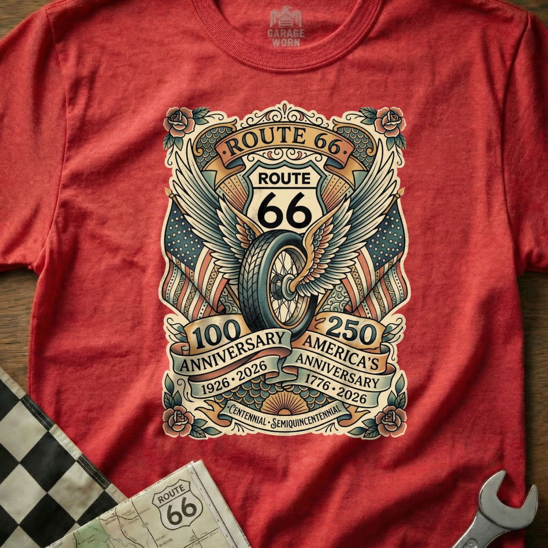 Red t-shirt with Route 66 anniversary graphic featuring winged wheel, flags, and dates.