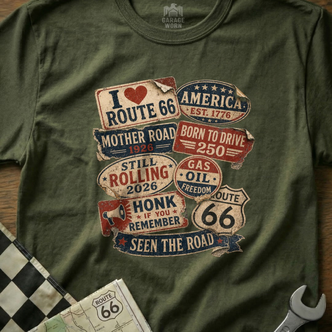 T-shirt with Route 66 graphics and slogans.