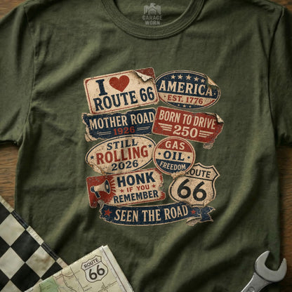 T-shirt with Route 66 graphics and slogans.