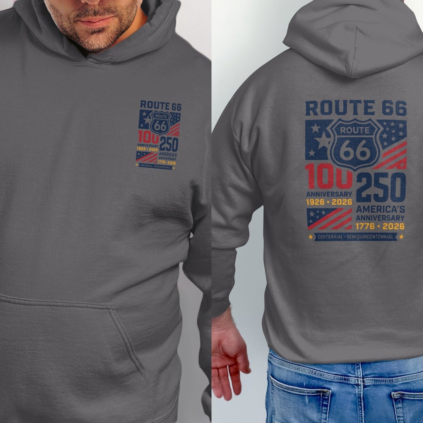 Grey hoodie featuring "Route 66" logo with "100 250 Anniversary" and "America's Anniversary" text.