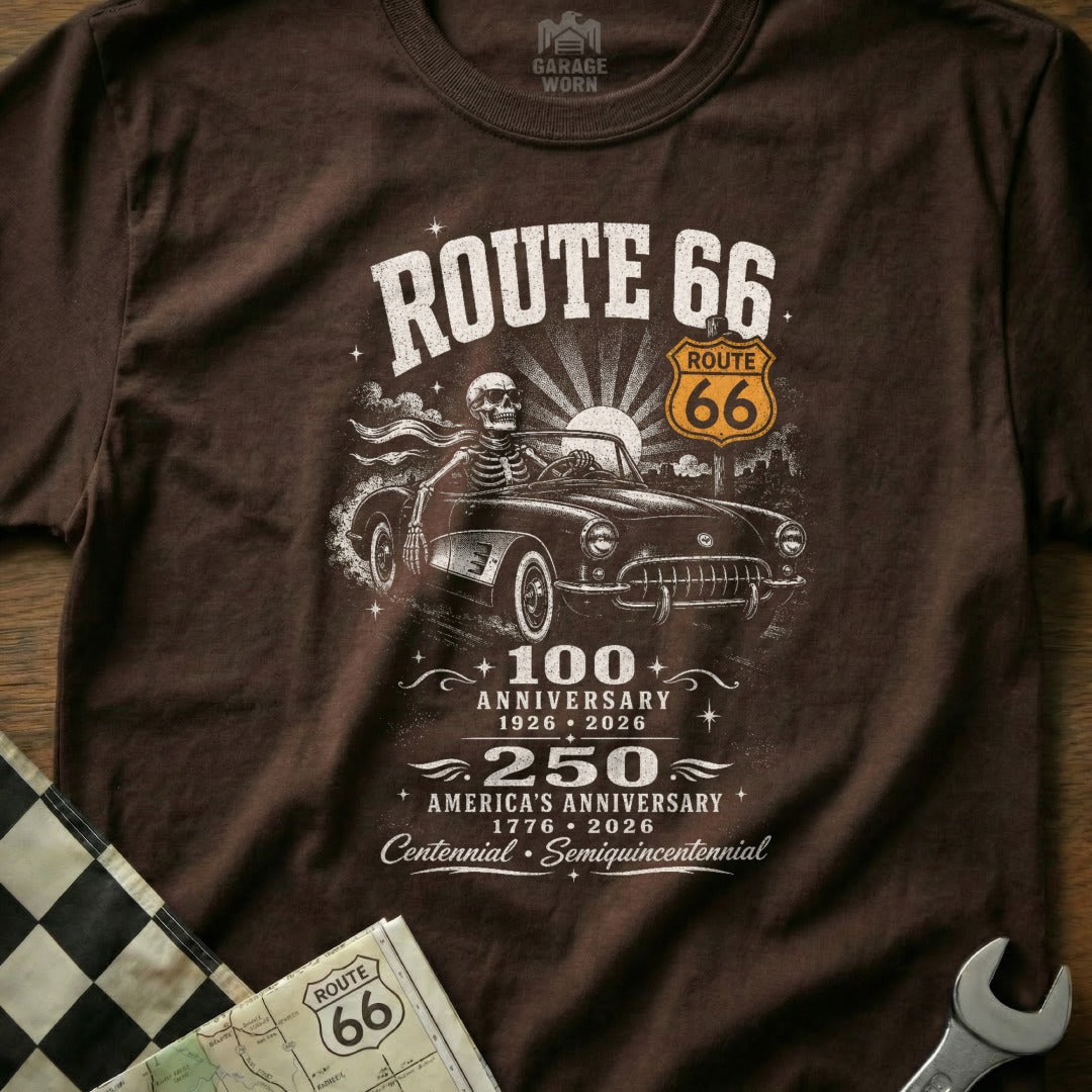 Brown t-shirt graphic: skeleton driving classic car on Route 66.