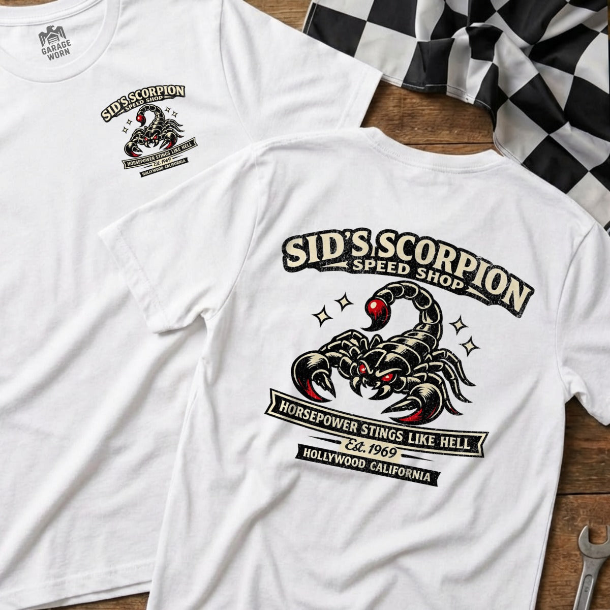 Sid's Scorpion Speed Shop Horsepower Stings like Hell T-shirt