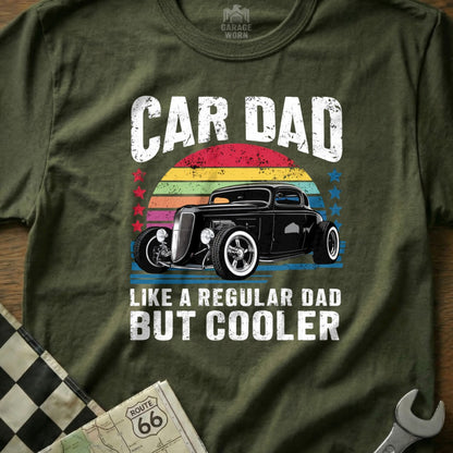 Black hot rod on olive green t-shirt with "Car Dad Like a Regular Dad But Cooler" text.