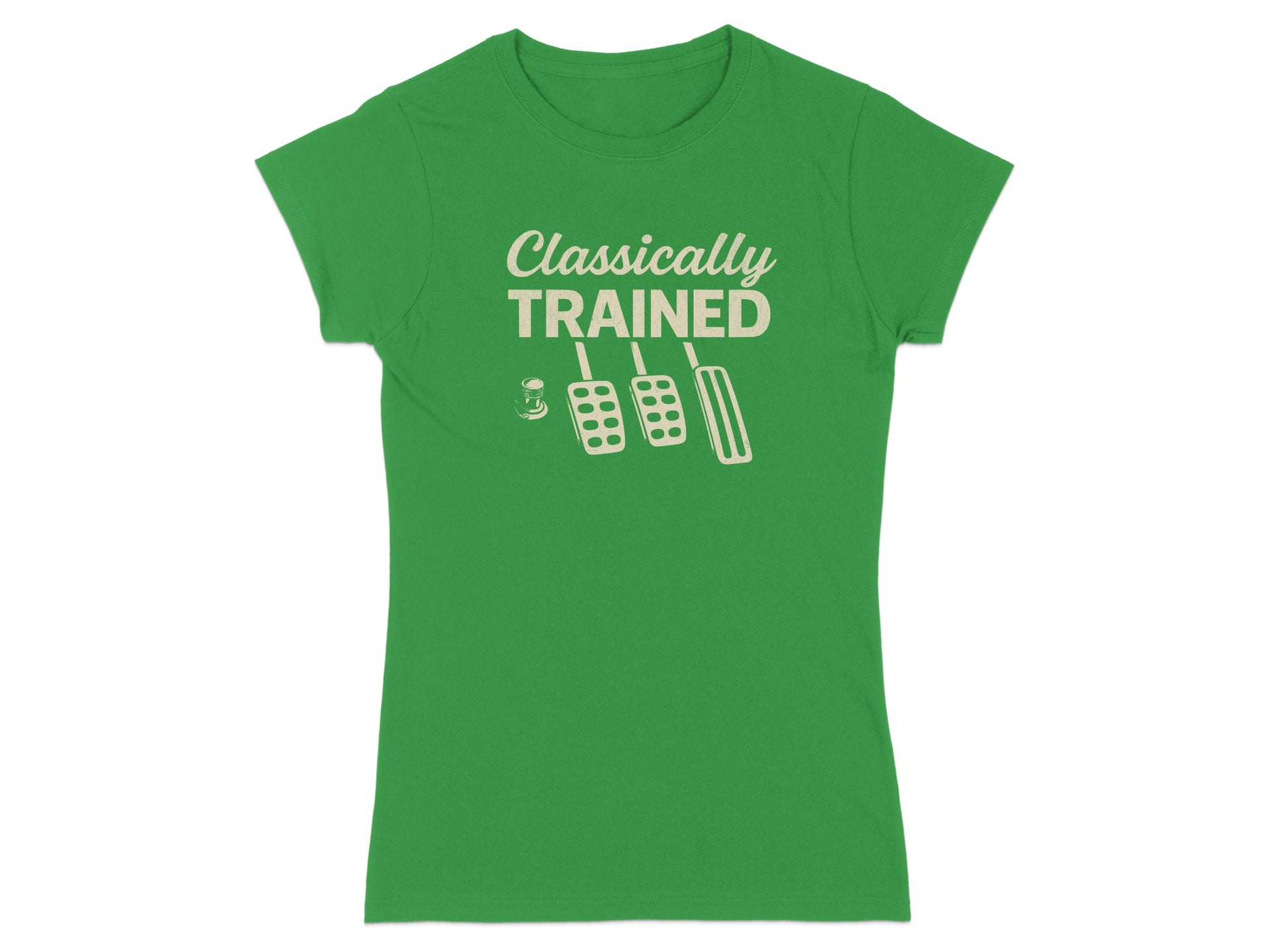 Green t-shirt with "Classically Trained" text and clutch, brake, and gas pedals.
