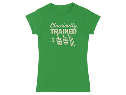 Green t-shirt with "Classically Trained" text and clutch, brake, and gas pedals.
