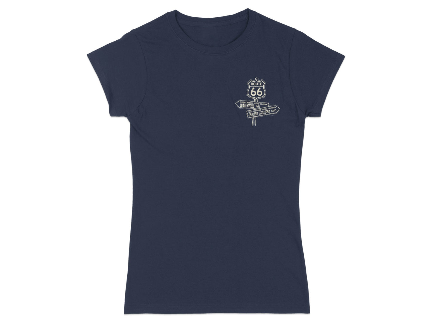 Navy t-shirt with Route 66 signs pointing to Chicago and Santa Monica.