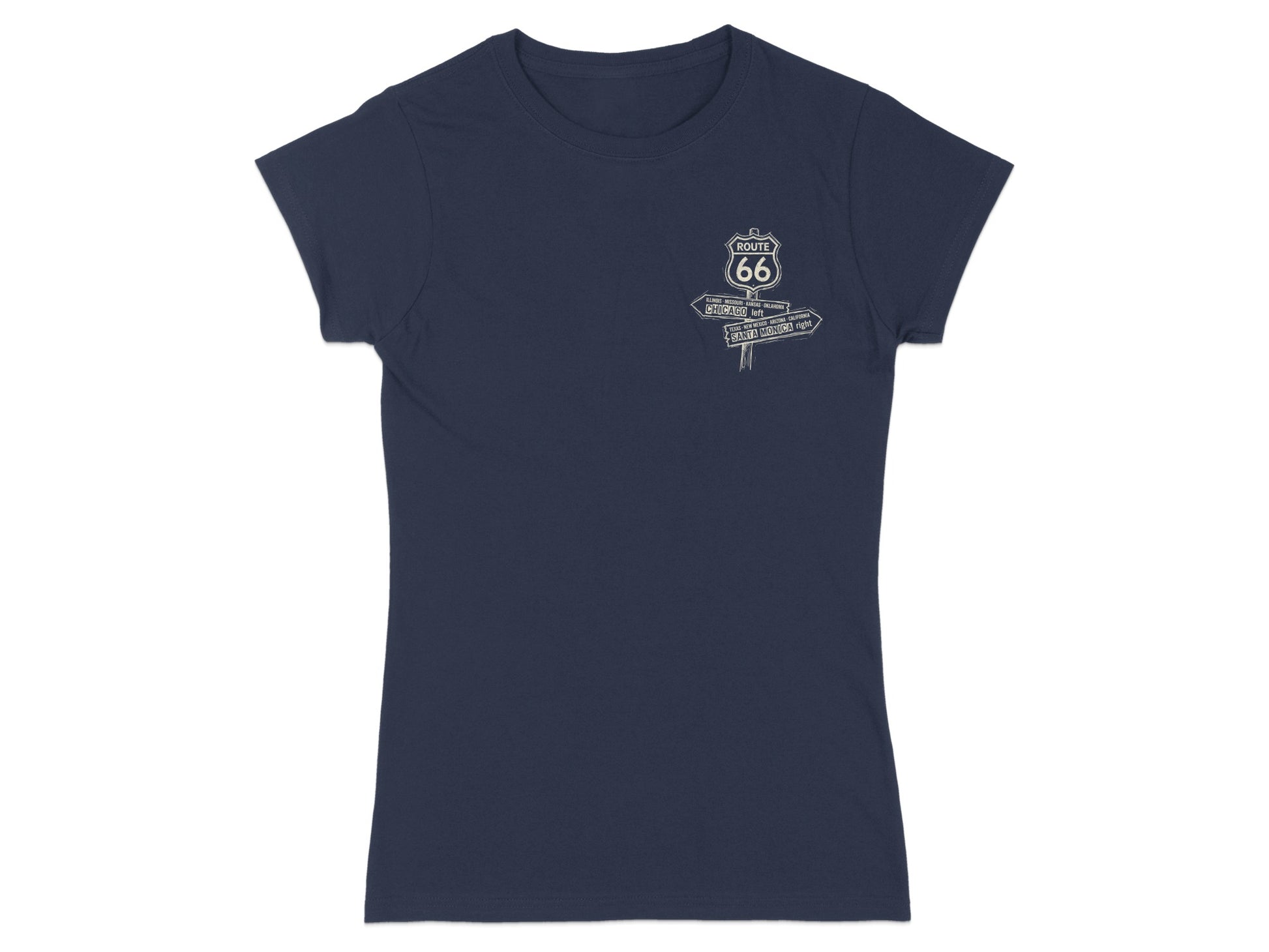 Navy t-shirt with Route 66 signs pointing to Chicago and Santa Monica.