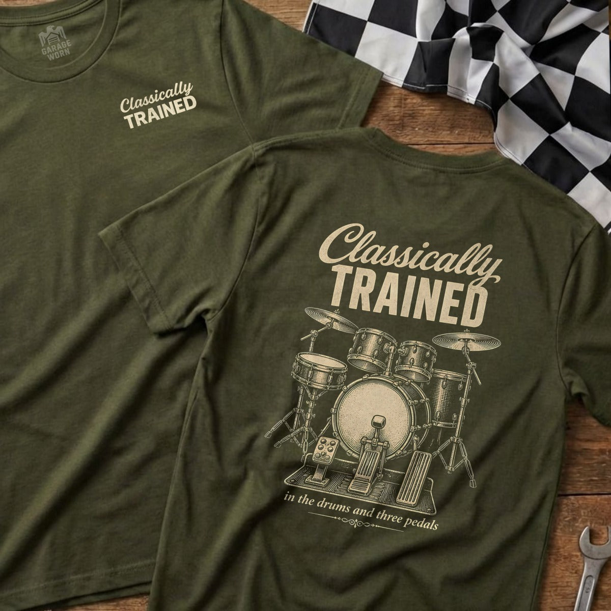 Olive green t-shirt with "Classically Trained" and drum set illustration.