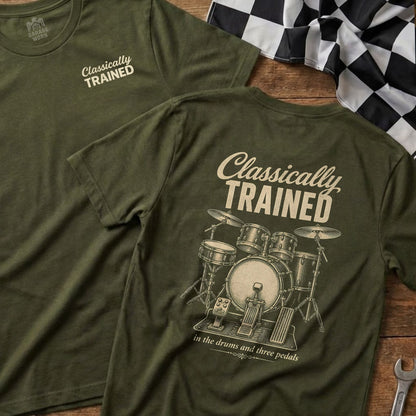Olive green t-shirt with "Classically Trained" and drum set illustration.