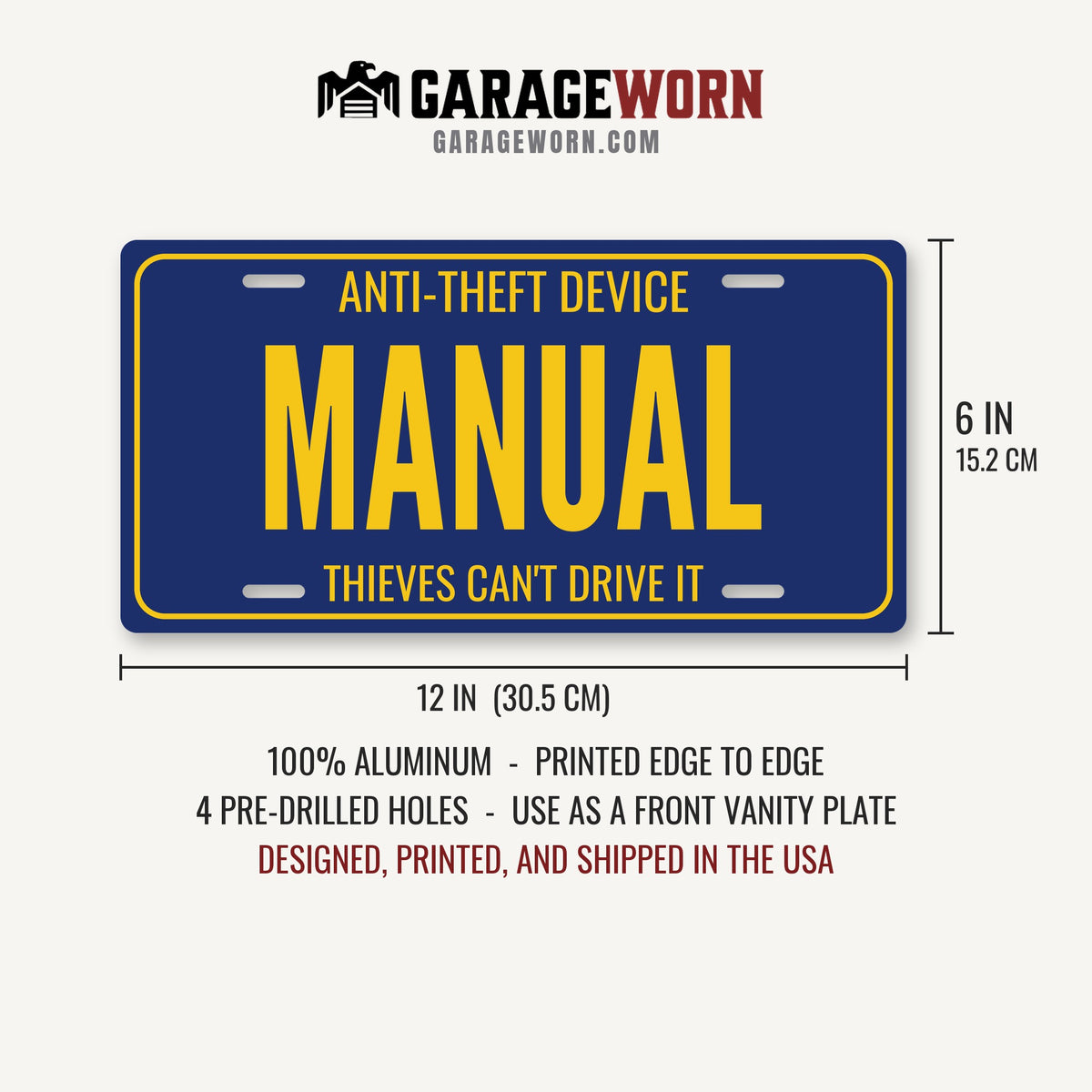 Anti-Theft Device Manual Stick Shift License Plate Sign - 12 x 6 in aluminum vanity plate
