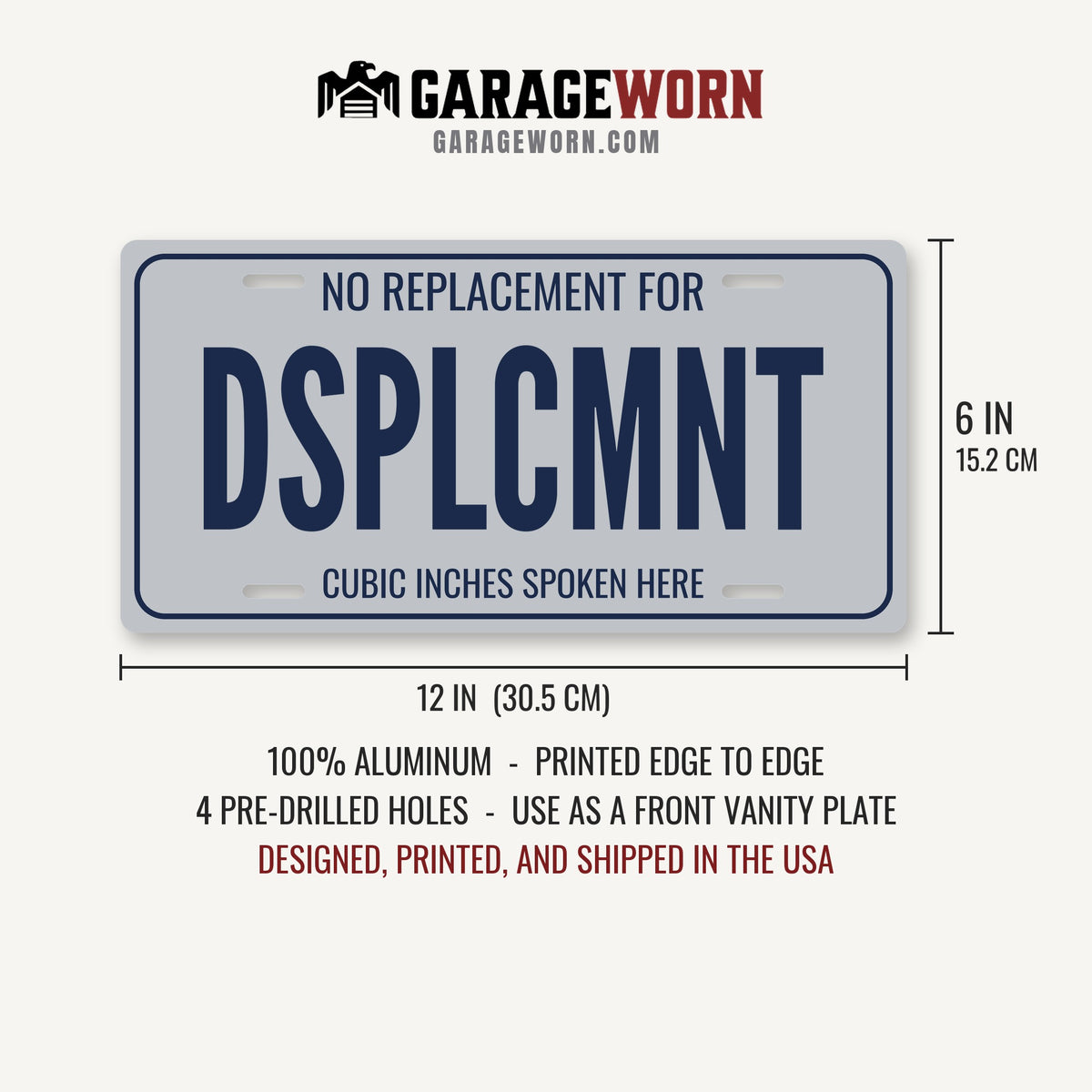 No Replacement For Displacement Car Guy License Plate Sign - 12 x 6 in aluminum vanity plate