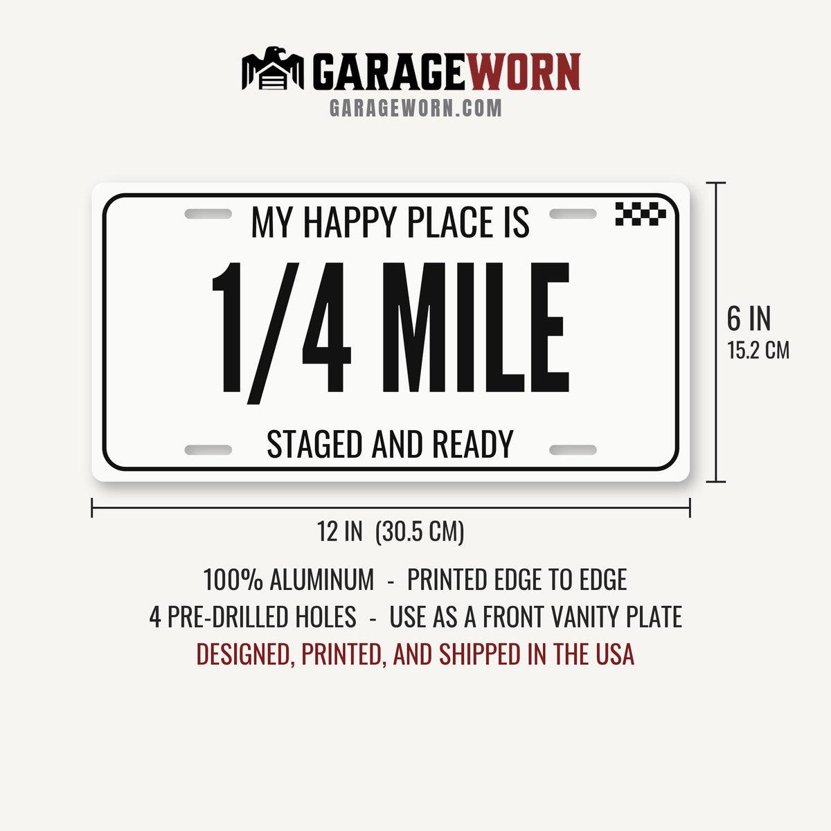 My Happy Place Is 1/4 Mile Car Guy License Plate Sign - 12 x 6 in aluminum vanity plate