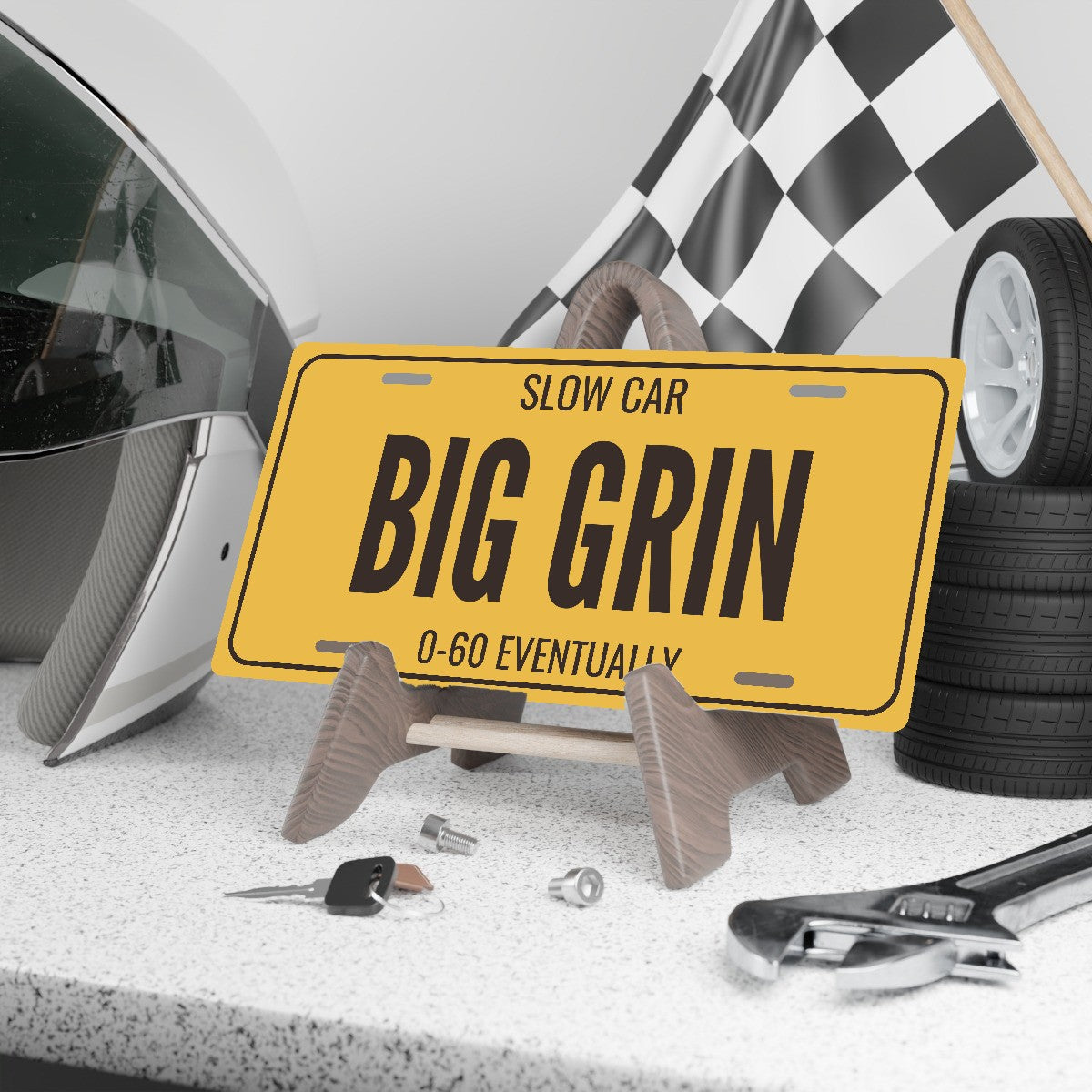 Slow Car Big Grin Air-Cooled License Plate Sign - 12 x 6 in aluminum vanity plate