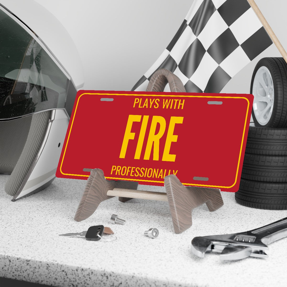Plays With Fire Welder License Plate Sign - 12 x 6 in aluminum vanity plate