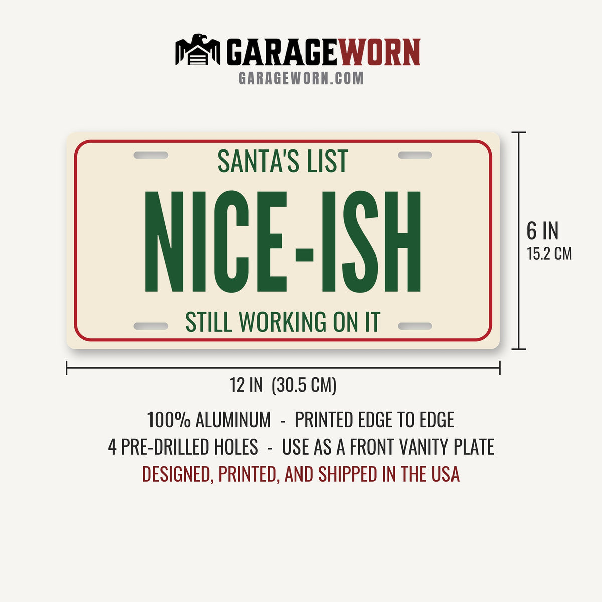 Santa's List Nice-Ish Christmas License Plate - 12 x 6 in aluminum license plate