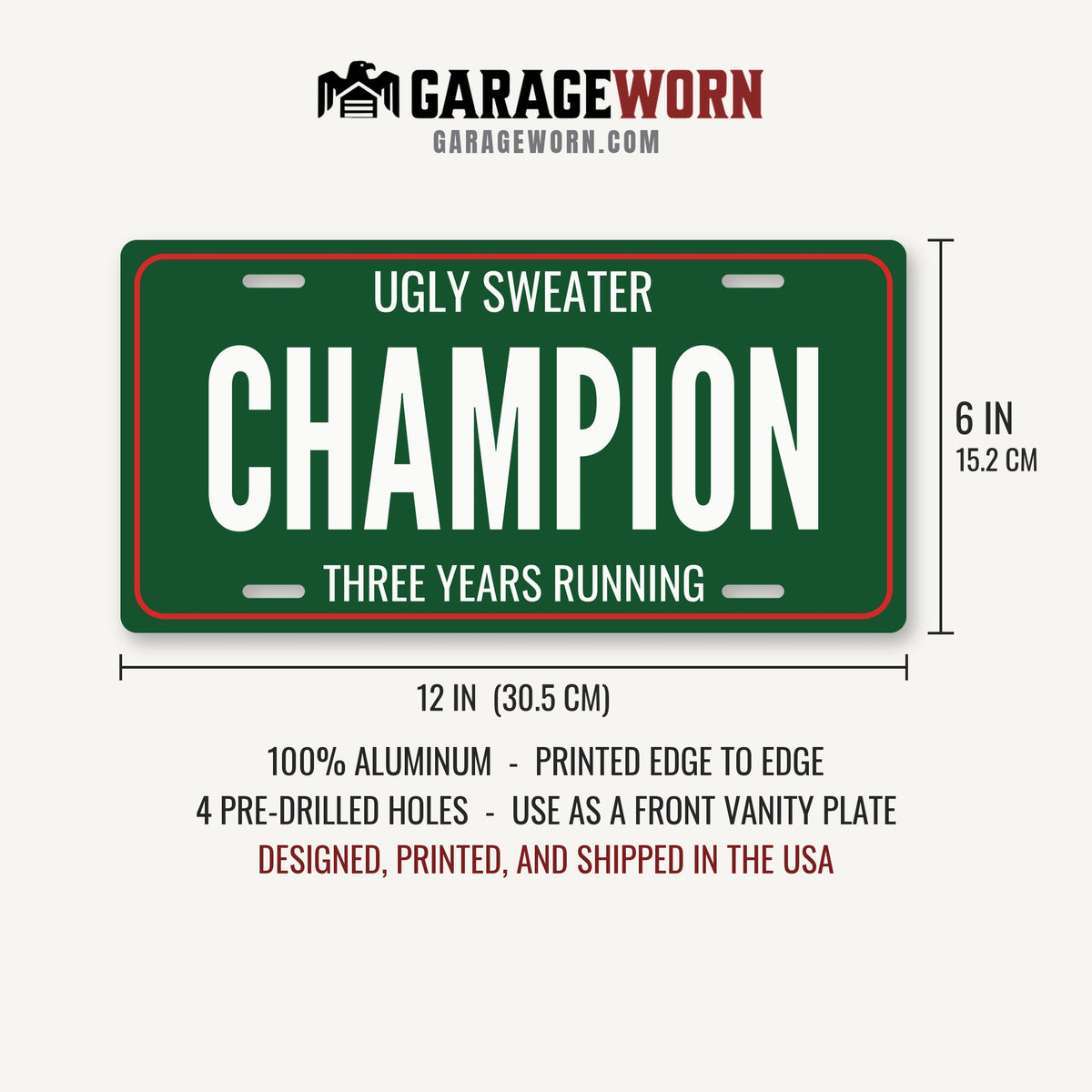 Ugly Sweater Champion Christmas License Plate - 12 x 6 in aluminum license plate