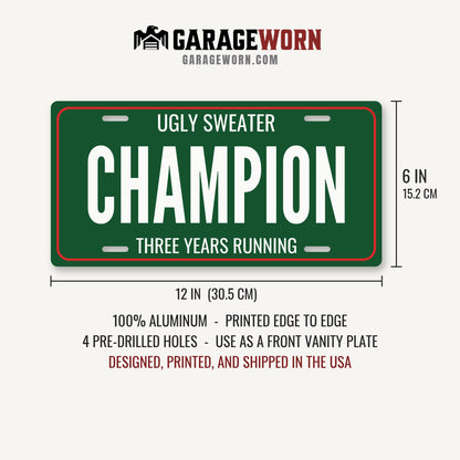 Ugly Sweater Champion Christmas License Plate - 12 x 6 in aluminum license plate