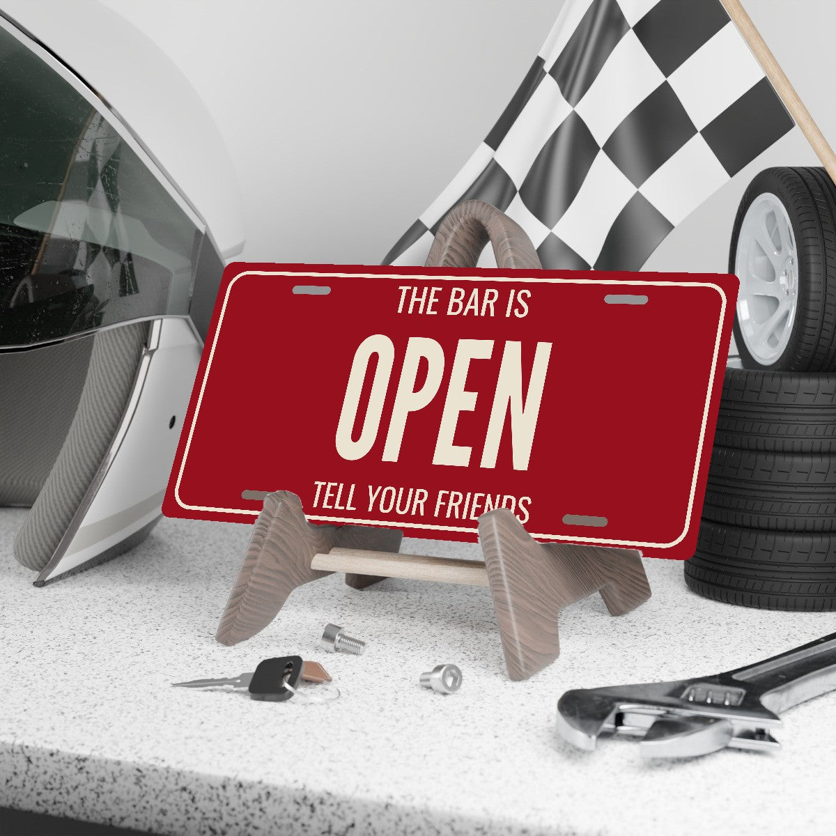 The Bar Is Open Man Cave License Plate Sign - 12 x 6 in aluminum license plate