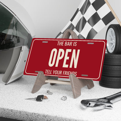 The Bar Is Open Man Cave License Plate Sign - 12 x 6 in aluminum license plate