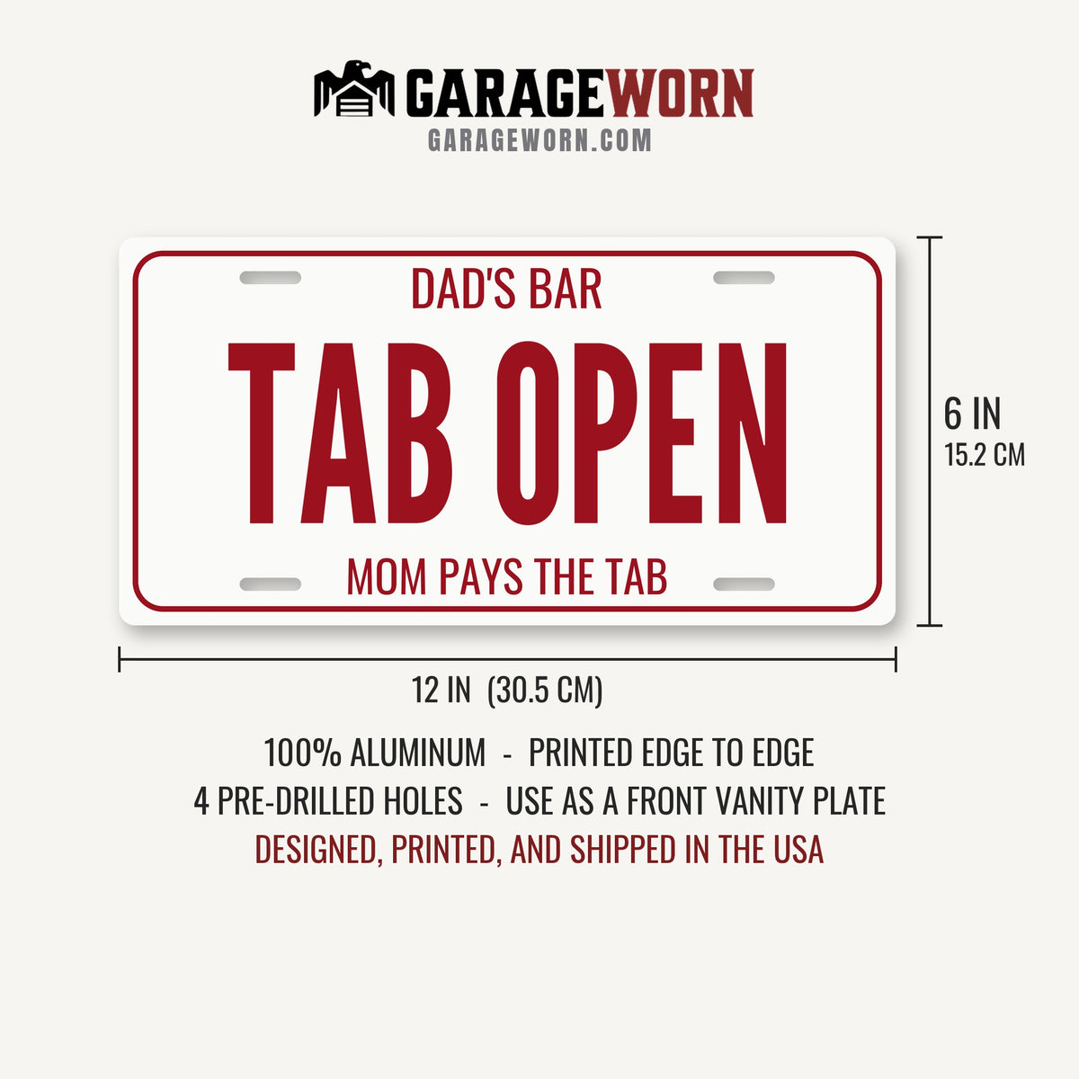 Dad's Bar Tab Open Man Cave License Plate Sign - 12 x 6 in aluminum license plate