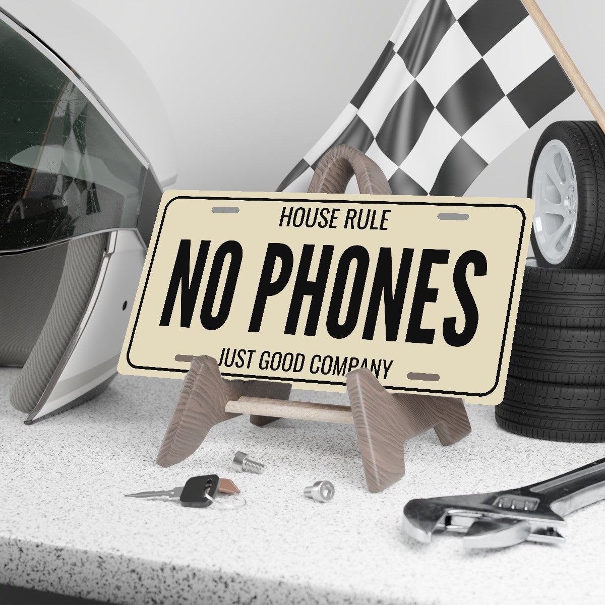House Rule No Phones Man Cave License Plate Sign - 12 x 6 in aluminum license plate