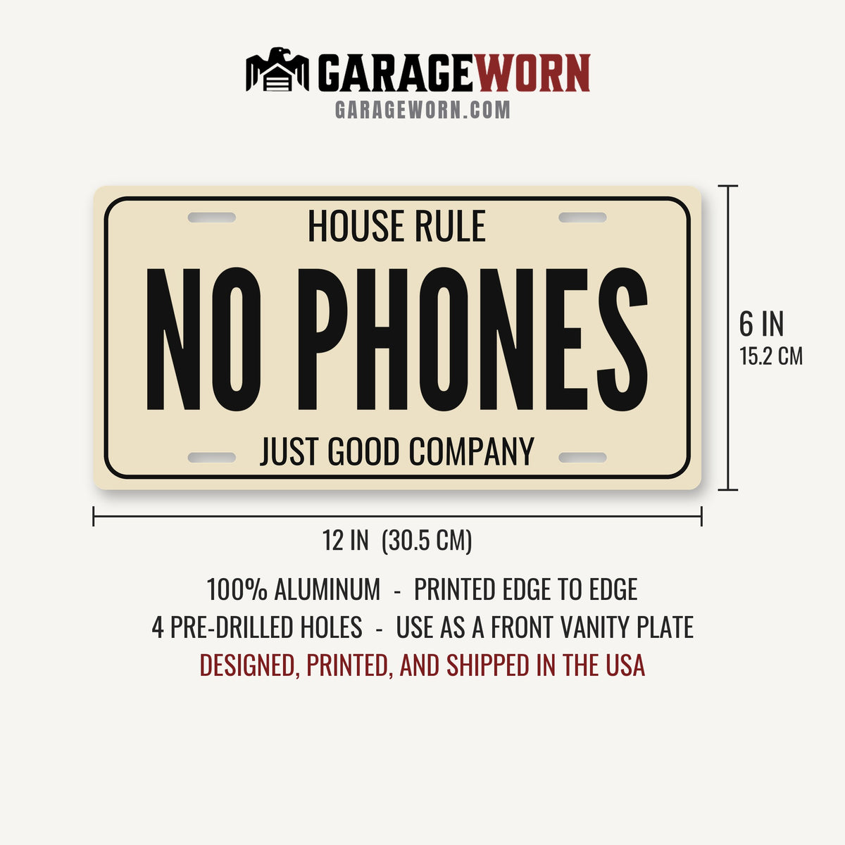 House Rule No Phones Man Cave License Plate Sign - 12 x 6 in aluminum license plate