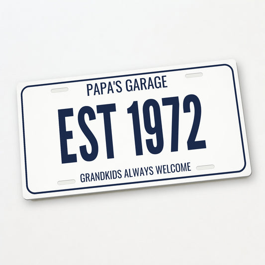 Papa's Garage Est 1972 Personalized License Plate - 12 x 6 in aluminum license plate