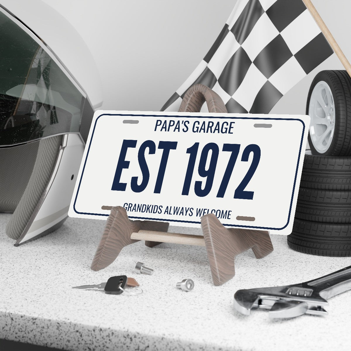 Papa's Garage Est 1972 Personalized License Plate - 12 x 6 in aluminum license plate