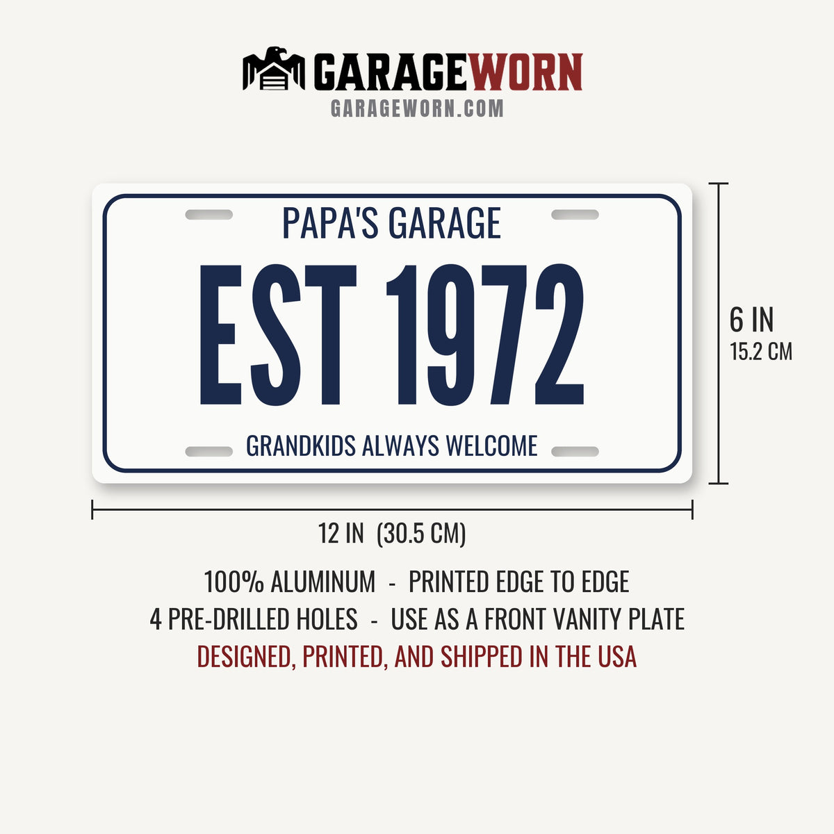 Papa's Garage Est 1972 Personalized License Plate - 12 x 6 in aluminum license plate