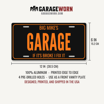 Big Mike's Garage Personalized License Plate - 12 x 6 in aluminum license plate