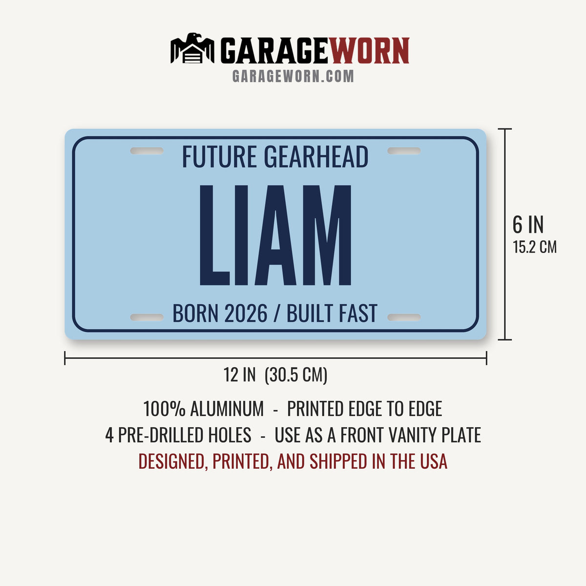 Future Gearhead Liam Personalized License Plate - 12 x 6 in aluminum license plate